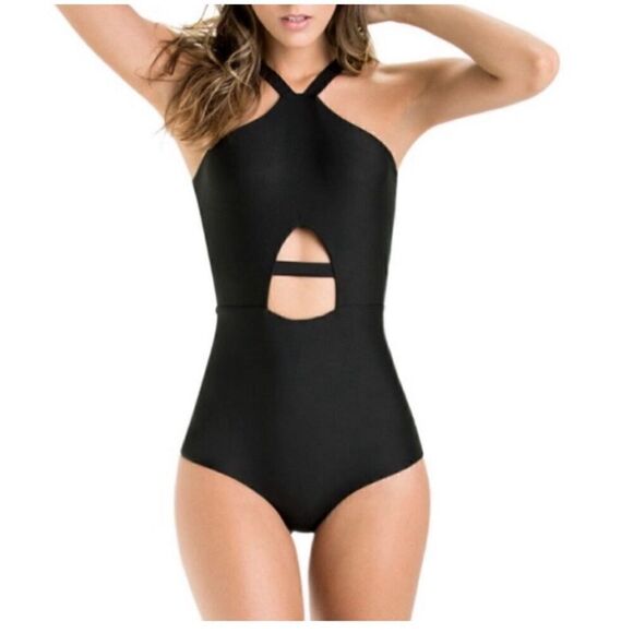 Naja Rafaella new with tags black one piece swimsuit strappy tie neck and tie ba - Picture 1 of 12